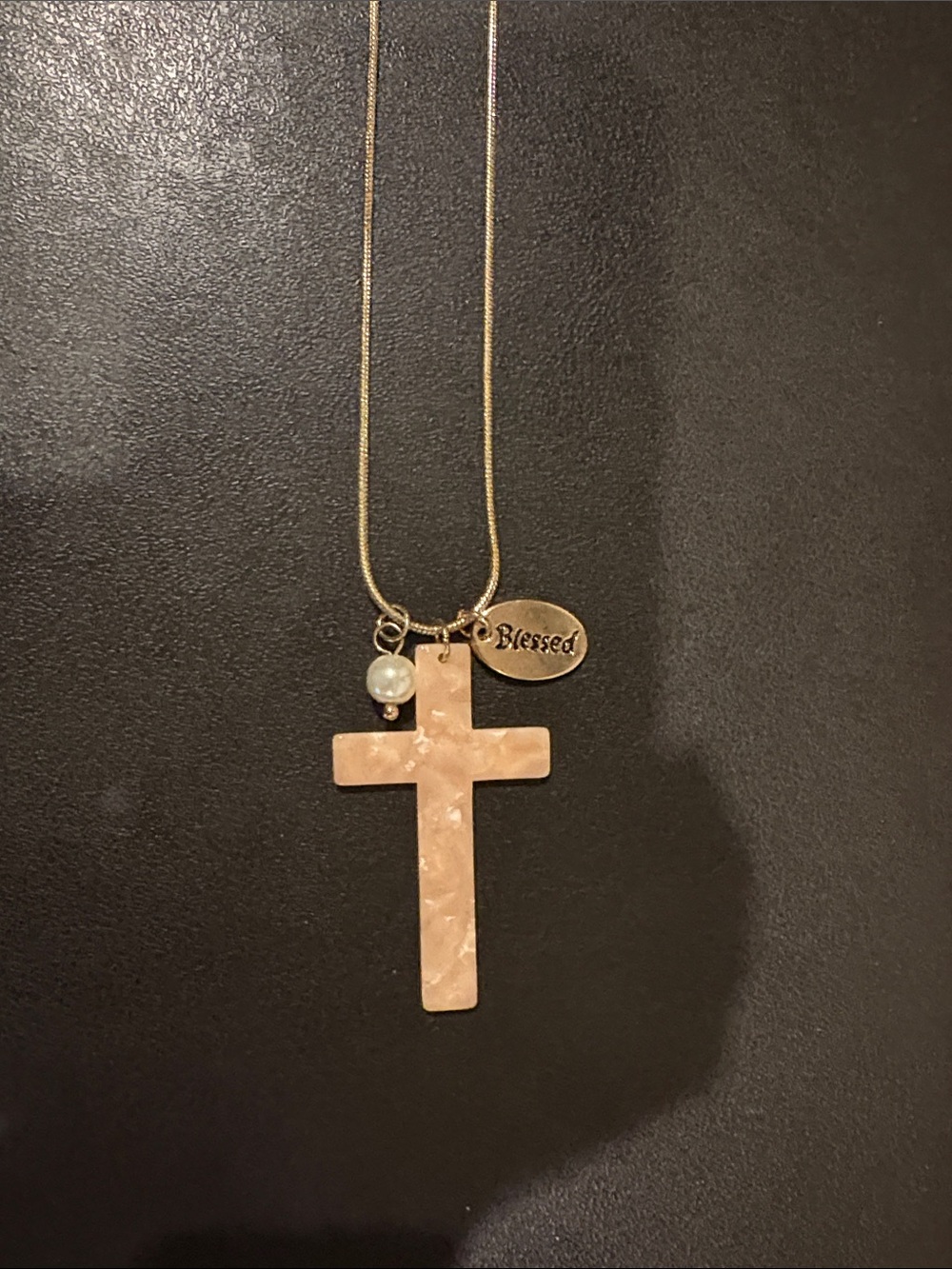 Cato Gold-Tone Necklace with Blush Cross, Pearl & "Blessed" Charm
